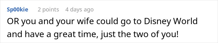 Comment suggesting a couple visit Disney World for quality time, related to family separate drive Disneyland discussion. Comment suggesting a couple visit Disney World for quality time, related to family separate drive Disneyland discussion.