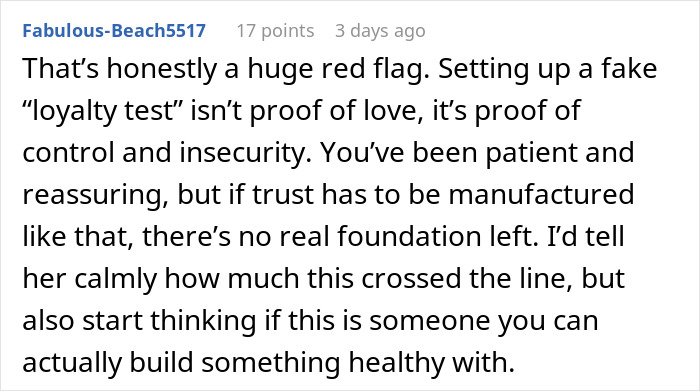 Screenshot of a Reddit comment discussing a fake loyalty test as a red flag in relationships and trust issues.