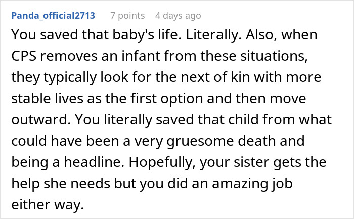 Comment praising a person for reporting sister to CPS, highlighting the saving of a baby's life and hope for sister’s help.