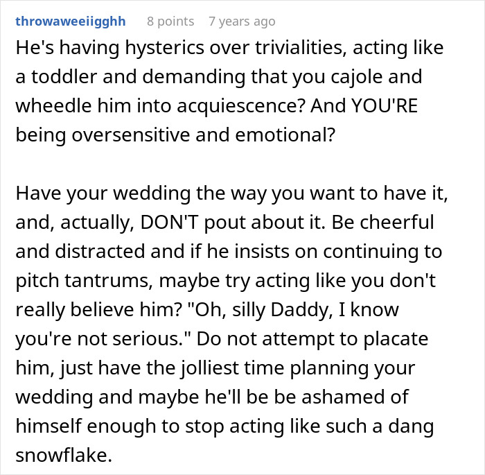 Comment discussing bride&rsquo;s father refusing to attend wedding because it&rsquo;s not held on American soil, advising confidence.