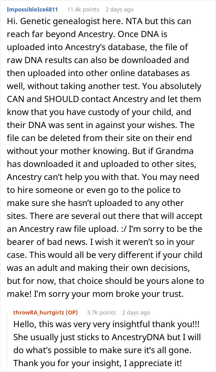 Commenter explains risks of sharing DNA data on Ancestry and advises caution with family ancestry tests privacy.