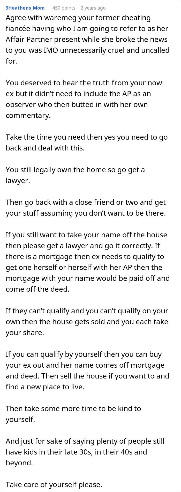 Comment discussing advice for a man whose fiancée was in love with her friend, addressing relationship and legal issues. Comment discussing advice for a man whose fiancée was in love with her friend, addressing relationship and legal issues.