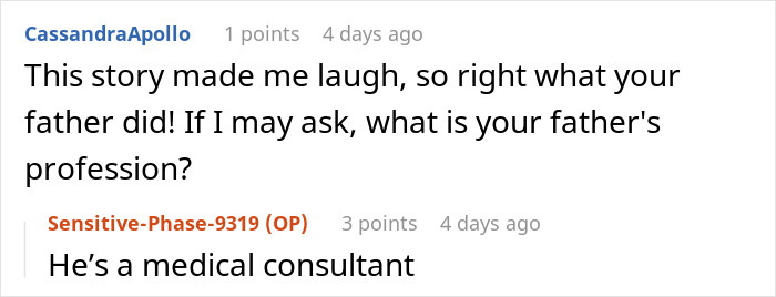 Screenshot of a conversation discussing an entitled brother’s house ride and a father’s profession as a medical consultant. Screenshot of a conversation discussing an entitled brother’s house ride and a father’s profession as a medical consultant.