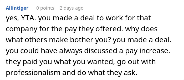 Comment discussing company pay deals and raises, highlighting frustration over new hire receiving higher salary. Comment discussing company pay deals and raises, highlighting frustration over new hire receiving higher salary.
