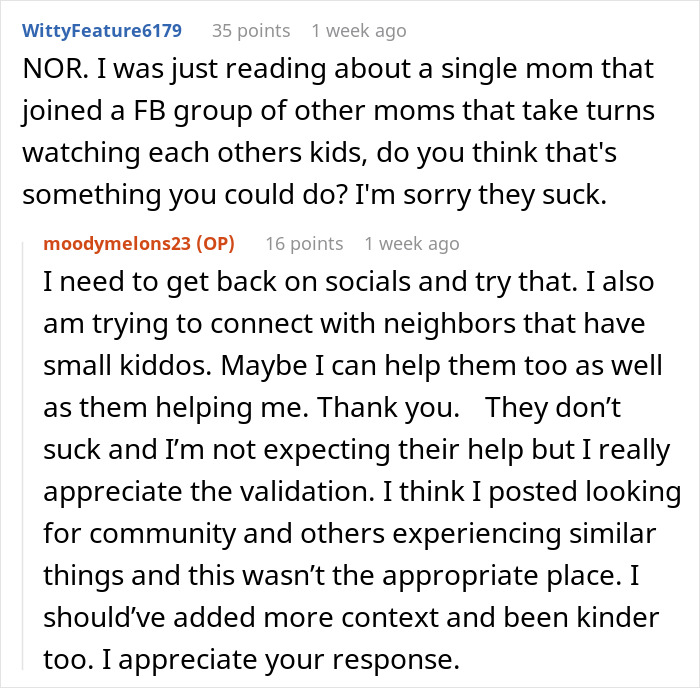 Text conversation about a single mom with two kids struggling to find support and connect with neighbors for help. Text conversation about a single mom with two kids struggling to find support and connect with neighbors for help.