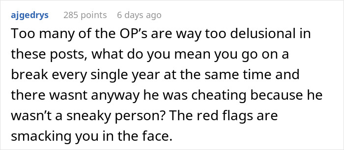 Comment discussing relationship break patterns and red flags indicating possible cheating concerns in relationships.