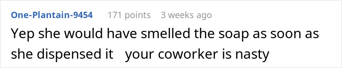 Text comment discussing coworker sensitive smells and mentioning soap scent affecting washing hands in an office conversation.