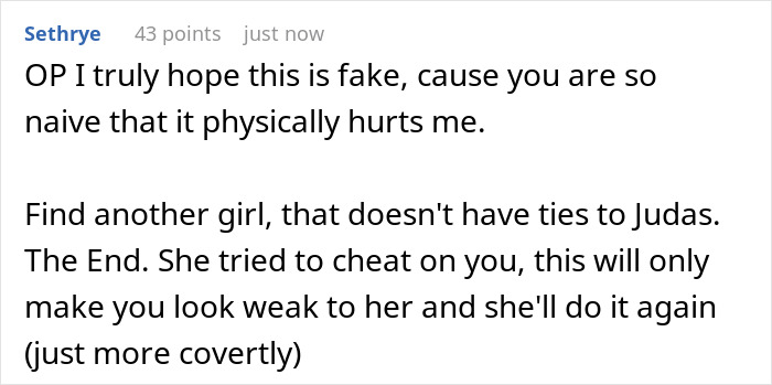 Screenshot of a Reddit comment advising a guy to move on after his ex-wife cheated with his best man and warning about repeated betrayal.