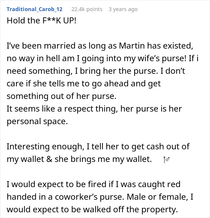 Commenter expresses strong disapproval of coworker snooping around in woman’s purse and expects serious consequences. Commenter expresses strong disapproval of coworker snooping around in woman’s purse and expects serious consequences.