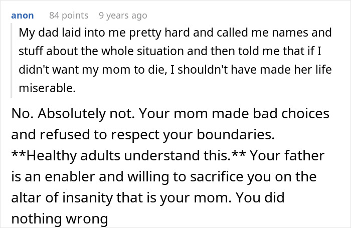 Comment explaining family conflict and boundaries related to parents lied about food allergies and no contact situation.