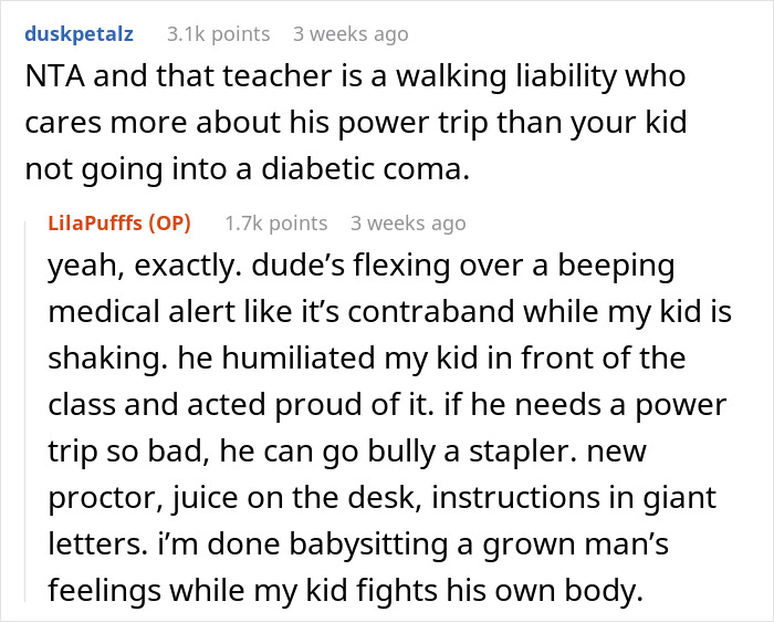 Commenters discuss a math teacher banning a diabetic child from checking glucose, sparking outrage over school health rules.