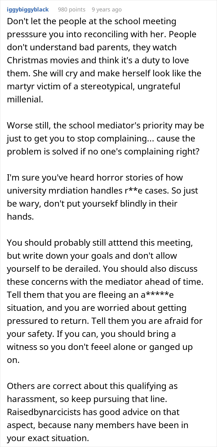 Text post from user iggybiggyblack with advice on handling school meetings about parents lying about food allergies and no contact.