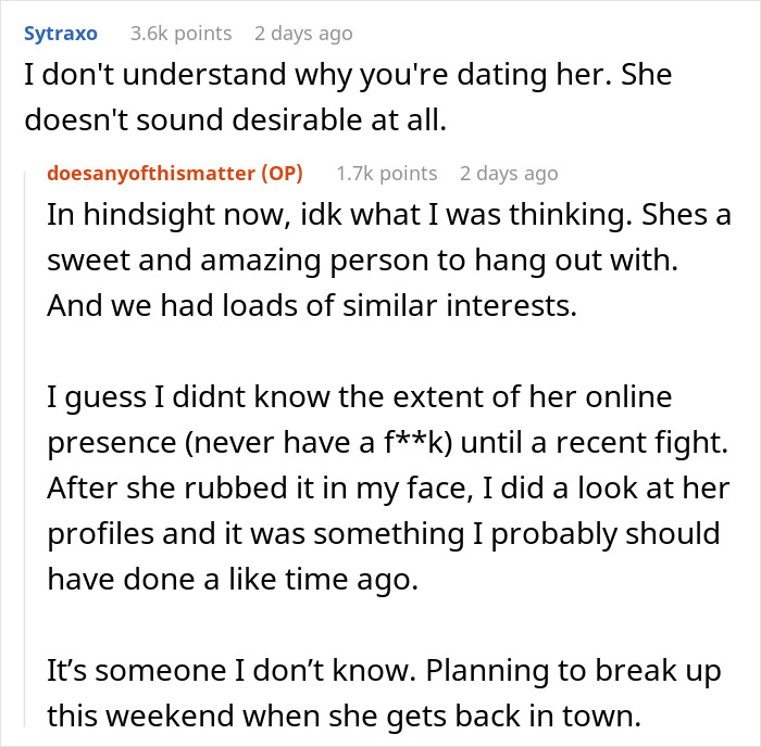 Reddit discussion about a gym influencer lying online causing a dealbreaker for her boyfriend. Reddit discussion about a gym influencer lying online causing a dealbreaker for her boyfriend.