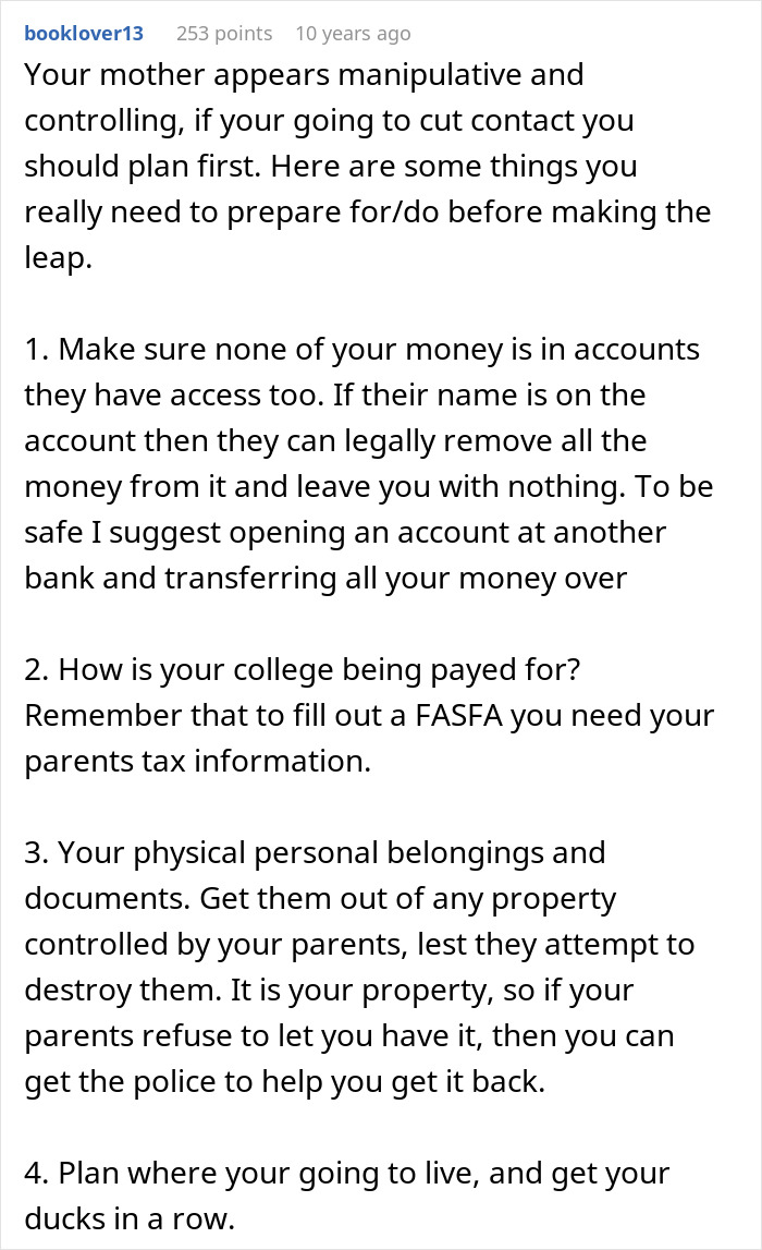 Comment providing advice on cutting contact with manipulative parents amid food allergies and family issues.