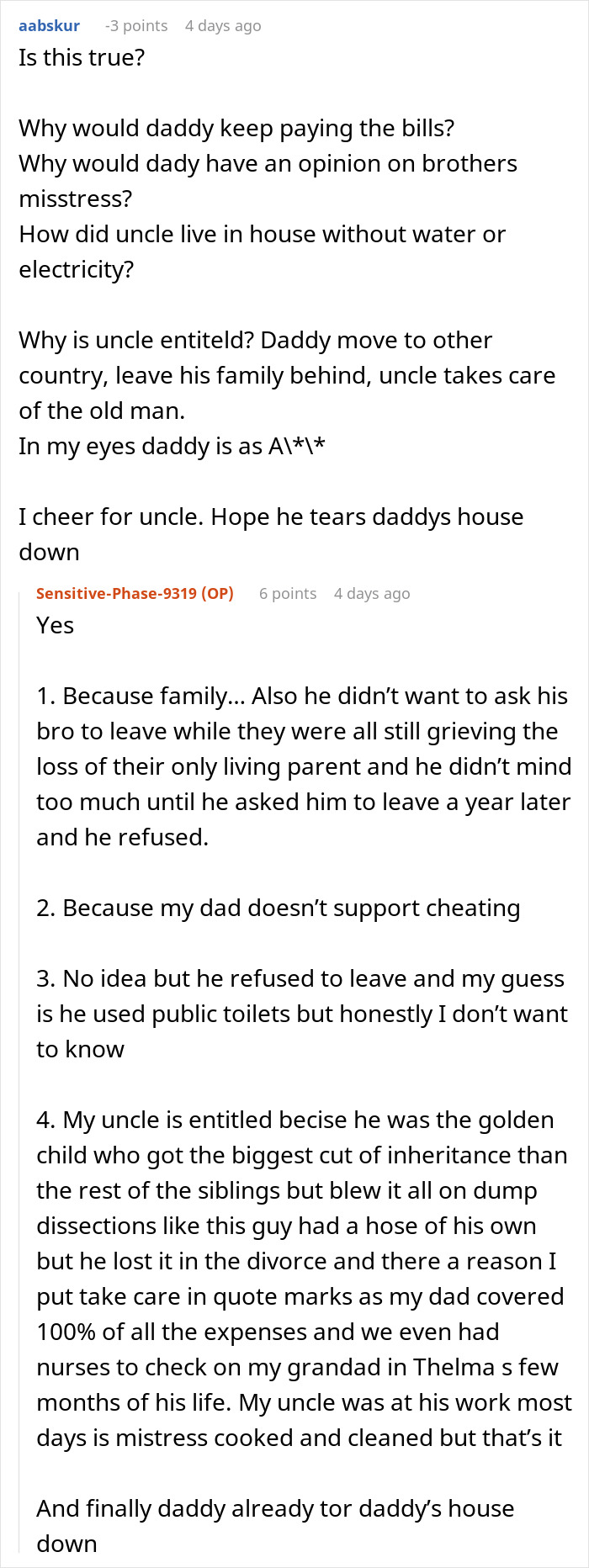 Comment thread discussing an entitled brother living in the house and the ongoing family ride conflict. Comment thread discussing an entitled brother living in the house and the ongoing family ride conflict.