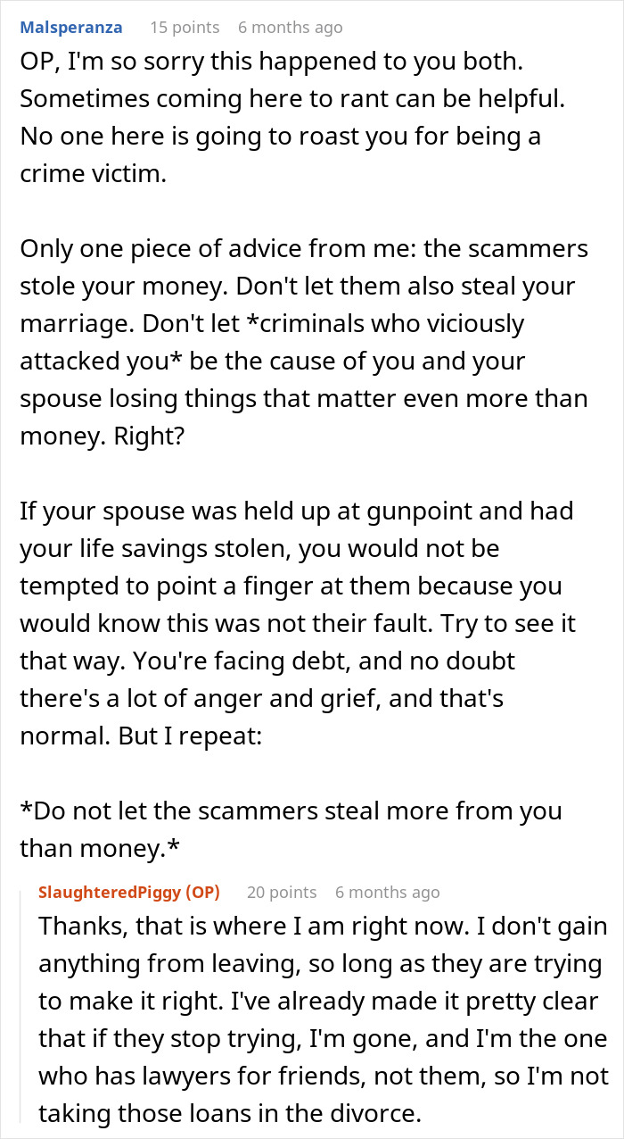 Screenshot of an online discussion about a person falling for a scam investment causing zero savings and immense debt.