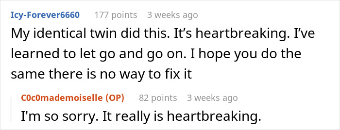Comments discussing a sibling cutting off communication for a decade and the emotional struggle of letting go.