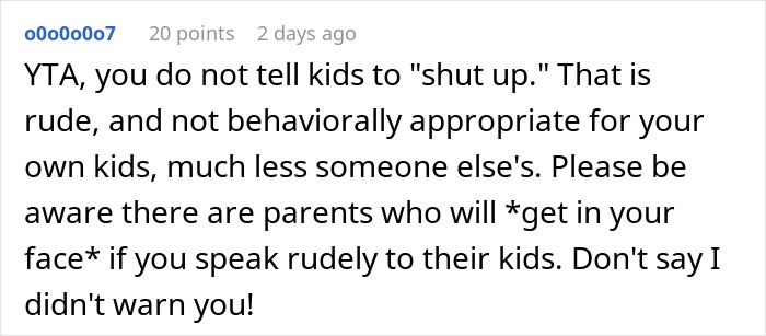 Comment about a man telling a disruptive kid on a plane to shut up, causing upset to the mom. Comment about a man telling a disruptive kid on a plane to shut up, causing upset to the mom.
