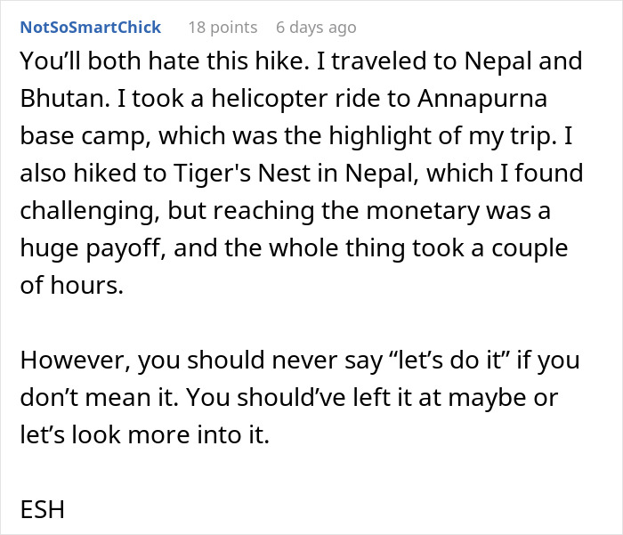 Comment text discussing a hike to Annapurna and Tiger's Nest during a trip, mentioning challenges and rewards. Comment text discussing a hike to Annapurna and Tiger's Nest during a trip, mentioning challenges and rewards.