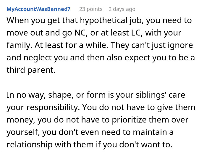 Text screenshot of a Reddit comment discussing neglect faced by siblings of autistic and epileptic brothers and related family financial demands.