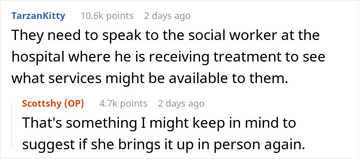 Conversation about a woman expecting help from her ex-husband after leaving him, discussing social worker support options. Conversation about a woman expecting help from her ex-husband after leaving him, discussing social worker support options.