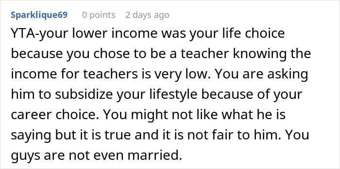 Comment from Sparklique69 debating rent split fairness between a rich boyfriend and girlfriend refusing to pay equally. Comment from Sparklique69 debating rent split fairness between a rich boyfriend and girlfriend refusing to pay equally.