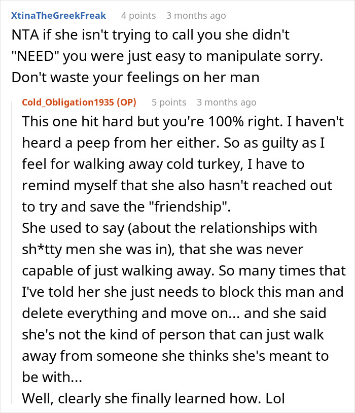 Reddit conversation about woman ending a 10 year friendship after being the bestie bank for friend with 5 kids and 4 dads. Reddit conversation about woman ending a 10 year friendship after being the bestie bank for friend with 5 kids and 4 dads.