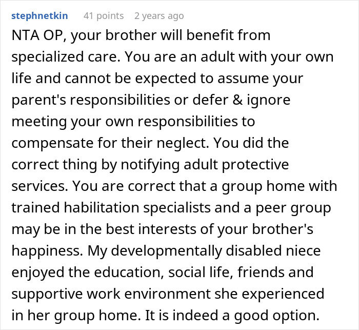 Comment supporting woman setting a boundary about disabled brother’s care after drop-off incident. Comment supporting woman setting a boundary about disabled brother’s care after drop-off incident.
