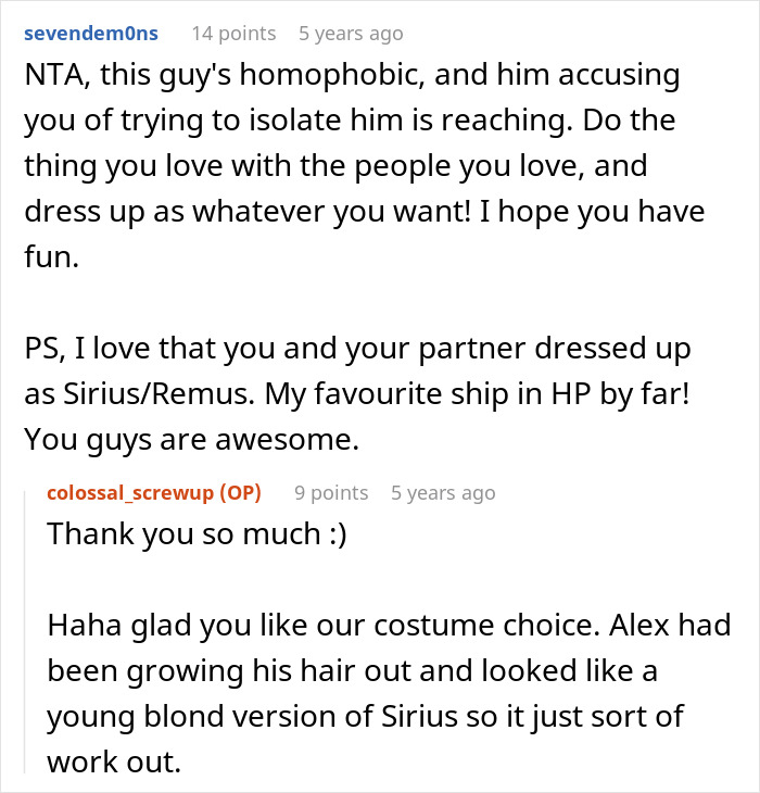 Screenshot of online conversation discussing a guy’s fragile masculinity over girlfriend’s Halloween costume choice. Screenshot of online conversation discussing a guy’s fragile masculinity over girlfriend’s Halloween costume choice.