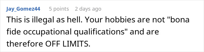 Screenshot of online comment discussing legality of using hobbies as occupational qualifications in AI scored job interview real time. Screenshot of online comment discussing legality of using hobbies as occupational qualifications in AI scored job interview real time.