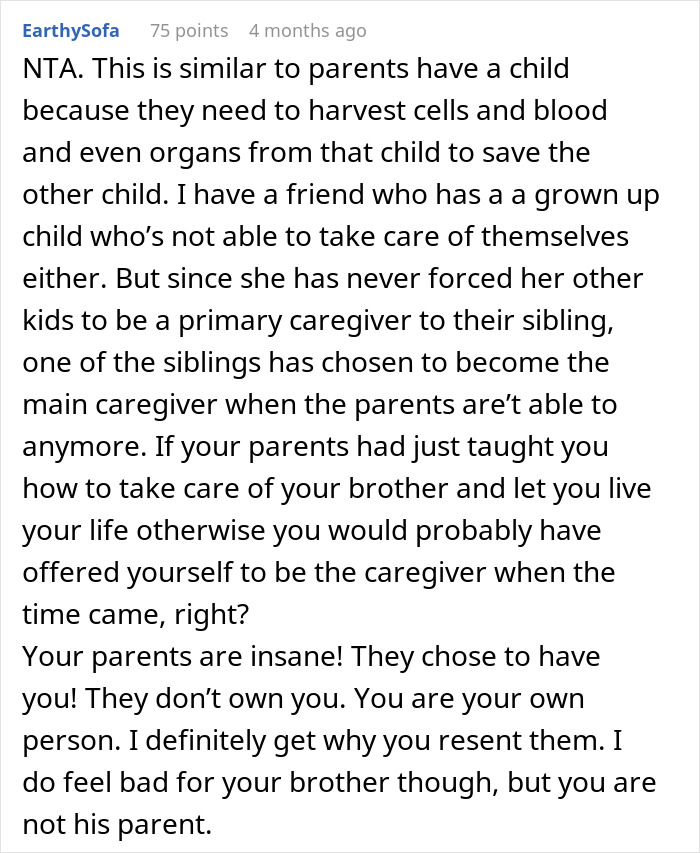Comment discussing parents admitting to having another baby to care for their disabled son and the son's anger. Comment discussing parents admitting to having another baby to care for their disabled son and the son's anger.