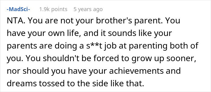 Comment explaining that caring for a brother with nocturnal epilepsy should not force someone to sacrifice their own life and dreams.