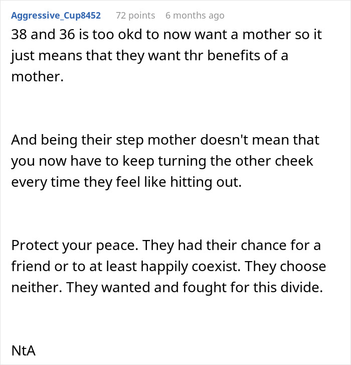 Text comment discussing stepdaughters disown stepmother drama and the importance of setting boundaries in conflicts.