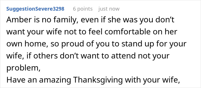 Comment about man drawing a line when bro&rsquo;s girlfriend mocks his wife, causing family tension at Thanksgiving gathering.
