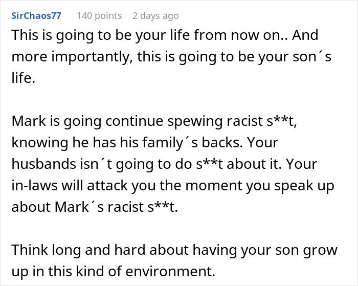 Comment discussing wife confronting BIL for racist slurs during dinner and impact on family dynamics. Comment discussing wife confronting BIL for racist slurs during dinner and impact on family dynamics.