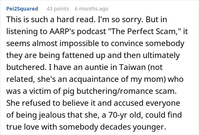 Screenshot of a Reddit comment discussing an educated person falling for a scam investment causing zero savings and heavy debt.