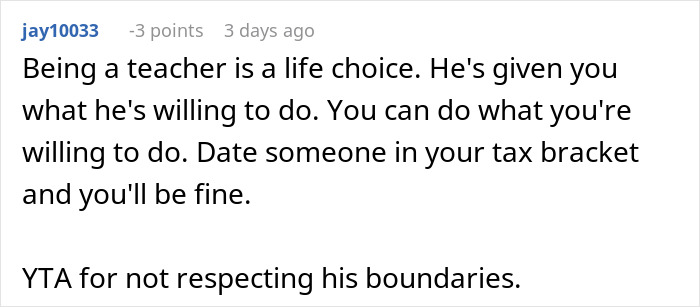 Comment discussing relationship boundaries and financial expectations between a rich boyfriend and girlfriend refusing equal split rent. Comment discussing relationship boundaries and financial expectations between a rich boyfriend and girlfriend refusing equal split rent.