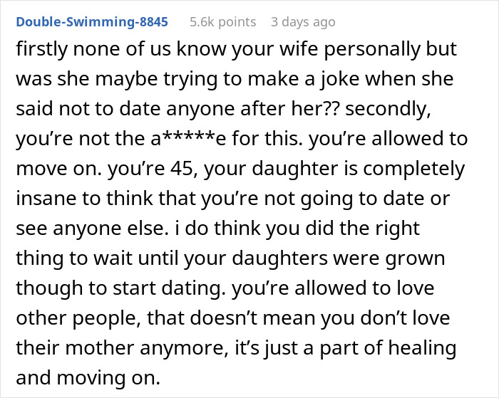 Reddit comment discussing a dying wife’s request and the daughter calling husband a cheater after he starts dating. Reddit comment discussing a dying wife’s request and the daughter calling husband a cheater after he starts dating.