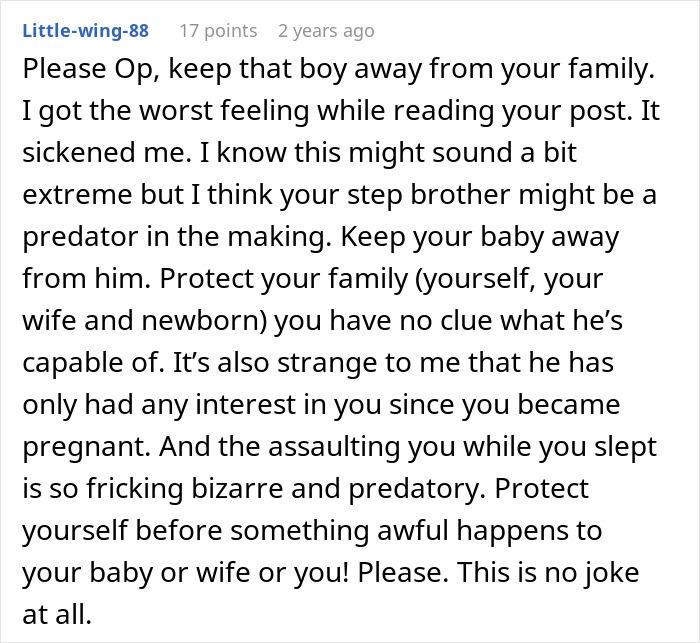 Reddit comment warning about 11-year-old acting creepy around stepsister who just gave birth, family refuses to get help.