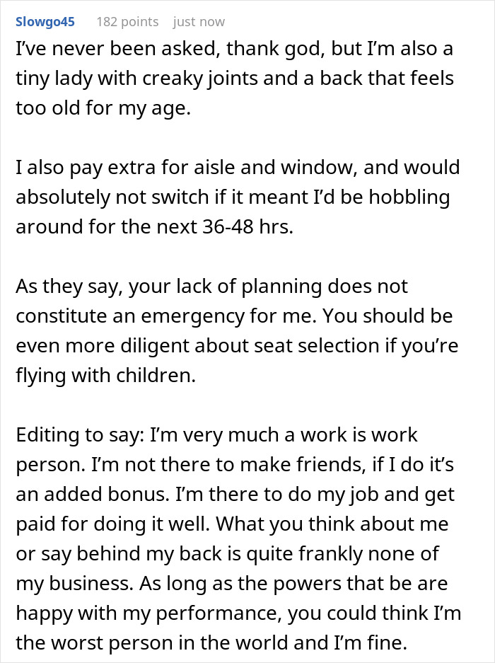 User comment explaining refusal to swap plane seat, emphasizing seat selection and personal comfort in airline seating conflict. User comment explaining refusal to swap plane seat, emphasizing seat selection and personal comfort in airline seating conflict.