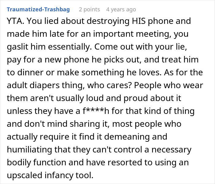 User comment discussing consequences of destroying a phone while trying to teach empathy in a relationship. User comment discussing consequences of destroying a phone while trying to teach empathy in a relationship.