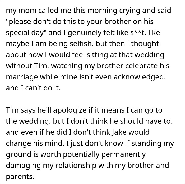 Text message discussing conflict between brothers, wedding exclusion, and the impact on family relationships.