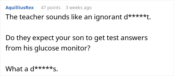 Comment criticizing a math teacher banning a diabetic kid from checking glucose, highlighting frustration over school rules vs health.