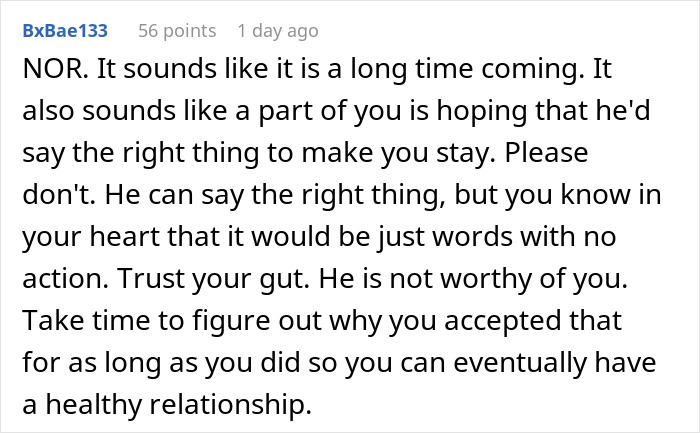 Screenshot of a Reddit comment advising a woman to trust her gut about her marriage after disturbing husband’s confession. Screenshot of a Reddit comment advising a woman to trust her gut about her marriage after disturbing husband’s confession.