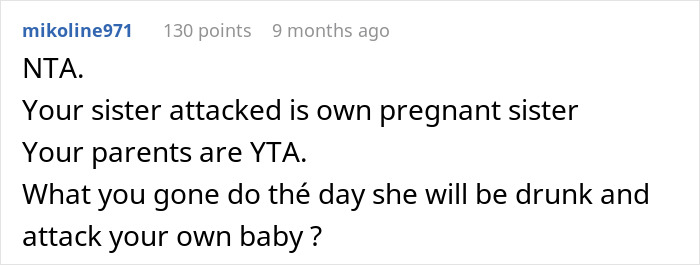 Screenshot of a comment discussing a pregnant woman going no-contact with her sister after a Thanksgiving conflict. Screenshot of a comment discussing a pregnant woman going no-contact with her sister after a Thanksgiving conflict.