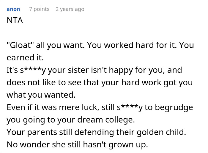 Screenshot of an online comment discussing a golden child’s reaction after sister’s college acceptance news. Screenshot of an online comment discussing a golden child’s reaction after sister’s college acceptance news.