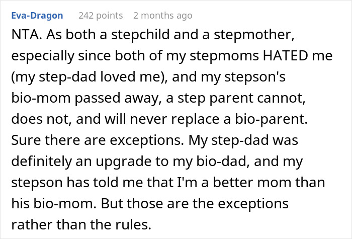 Alt text: A Reddit user shares perspective as both stepchild and stepmother on the challenges of being a bonus mom and family dynamics. Alt text: A Reddit user shares perspective as both stepchild and stepmother on the challenges of being a bonus mom and family dynamics.