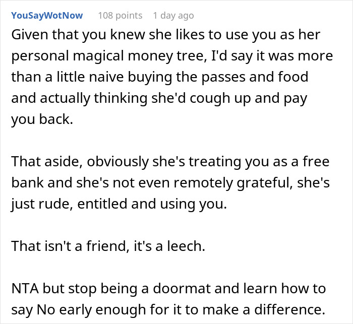 Screenshot of a user comment discussing a woman realizing her friend used her financially without gratitude or repayment.