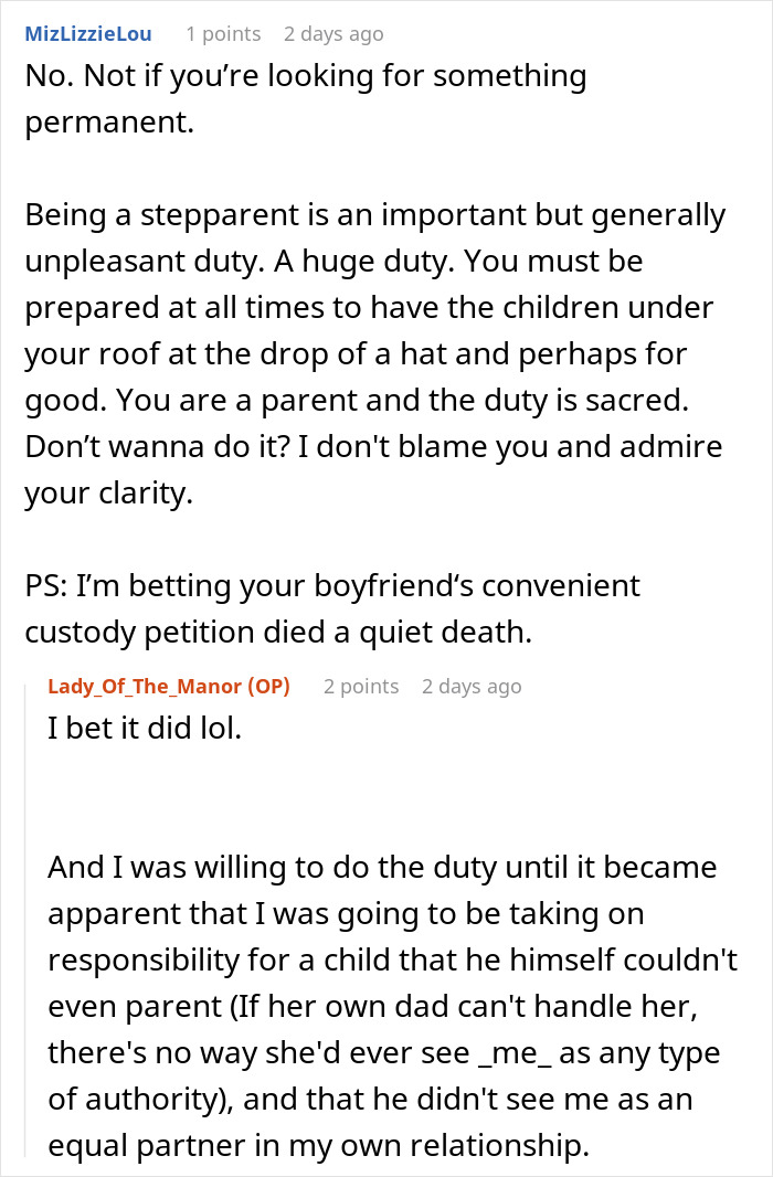 Reddit conversation discussing challenges of dating men with kids and stepparent responsibilities. Reddit conversation discussing challenges of dating men with kids and stepparent responsibilities.