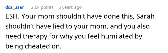 Screenshot of a social media comment discussing a mom’s attempt to reconcile her son and his ex-fiancé causing conflict. Screenshot of a social media comment discussing a mom’s attempt to reconcile her son and his ex-fiancé causing conflict.
